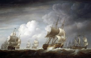 Een vloot van Indiaman-schepen, Britse schepen van de Oost-Indische Compagnie door Nicholas Pocock