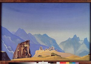 Het zwaard van Gesar Khan (of koning Gesar van Ling, Mongoolse en Tibetaanse held). (Ingehouwen rots op een top van de Himalaya). Werk van Nicolas Roerich (1874-1947)
