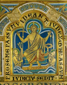 Christus zit in het oordeel, heiligen dragen de werktuigen van zijn passie ... (email op verguld koper) door Nicholas of Verdun
