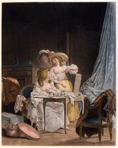 De vergelijking. Twee vrouwen vergelijken de grootte van hun borst. Gravure door Nicolas Lavreince (1737-1807), circa 1782