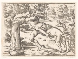 Milo van Croton aangevallen door een leeuw door Nicolò Boldrini (attributed to)
