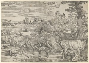 Landschap met een melkmeisje rechts en een jongen links, ca. 1535-40 door Nicolò Boldrini