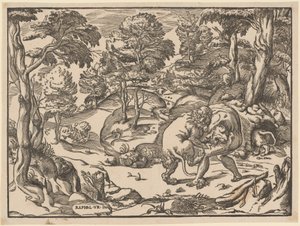 Hercules en de Nemeïsche leeuw door Nicolò Boldrini, after Raphael