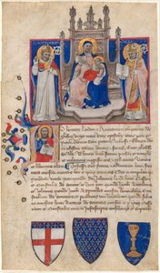 Madonna en Kind op de Troon tussen Heiligen Petronius en Alle (Eligius); Christus in de Initiaal A door Nicolò da Bologna