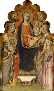 De Madonna en Kind op de troon met heiligen Johannes de Doper, Petrus, Maria Magdalena, Paulus en Stefanus, een vrouwelijke martelares en engelen door Nicolò di Pietro