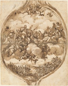 Heiligen gedragen door wolken boven een meer door Nicola Malinconico
