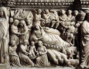 Gotische kunst en architectuur: Visitatie en Geboorte - Detail van de bas-reliëfs van de Marmeren Preekstoel gemaakt door Nicola Pisano (1266-1268)