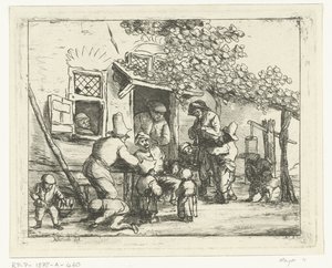 Twee straatmuzikanten voor een huis door Nicolaas Albrecht