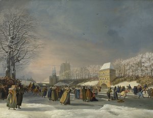 Schaatswedstrijd voor vrouwen op de Stadsgracht in Leeuwarden, 21 januari 1809 door Nicolaas Baur (signed by artist)