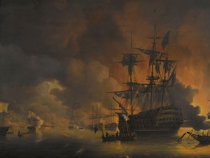 De brand op de kades van Algiers, kort na het begin van het bombardement door de Anglo-Nederlandse vloot, 27 augustus 1816 (serie) door Nicolaas Baur