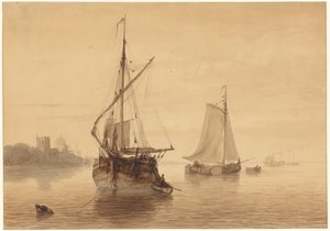 Rivierlandschap met enkele schepen door Nicolaas Johannes Roosenboom