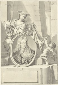 Putti en een vrouw bij een medaillon met het portret van Arnold Houbraken