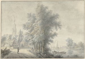 Gezicht op een dorp met kerktoren door Nicolaas Wicart