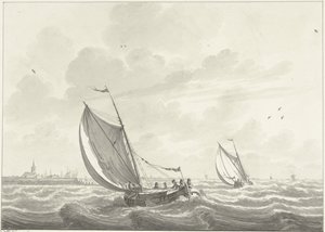 Schip onder zeil op de Maas, in de verte de dorpen Oud en Nieuw Beijerland