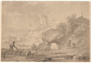 Schaapherder en vissers in een zuidelijk rivierlandschap door Nicolaes Berchem