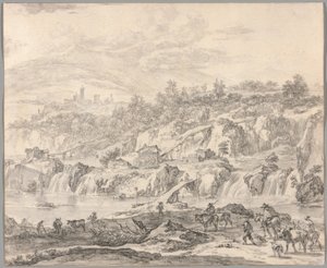 Landschap met Watervallen en Bruggen, Boeren op de Voorgrond door Nicolaes Berchem