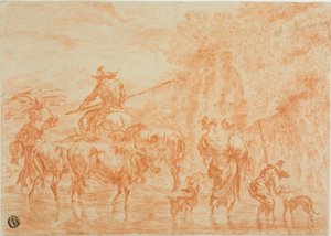 Boeren en vee steken een doorwaadbare plaats over door Nicolaes Berchem