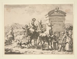 Zonder titel - Genrescène met mensen op ezels en een grafsteen door Nicolaes Berchem