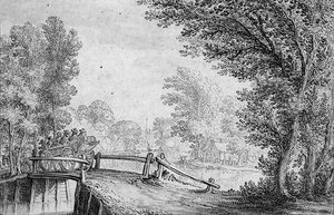 Landschap met een Kar die een Brug Oversteekt door Nicolaes Jansz  Visscher