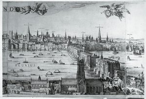 VK, Engeland, Uitzicht op de stad Londen met de London Bridge door Nicolaes Jansz (1586 1652) Visscher