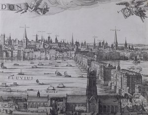 Panorama van Londen en de Theems, deel drie toont Southwark, London Bridge en de kerken in de stad, ca. 1600