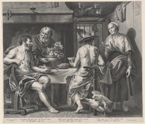 Jupiter en Mercurius Vermaakt door Philemon en Baucis door Nicolaes Lauwers, after Jacob Jordaens