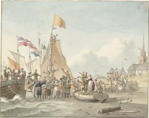 Aankomst van prins Willem Frederik te Scheveningen, 30 november 1813 door Nicolaes Lodewick Penning (signed by artist)