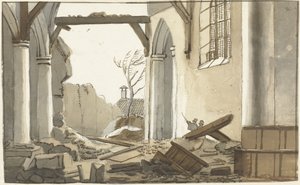 Ingestorte toren van de kerk te 