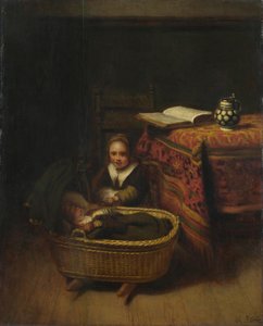 Een klein meisje wiegt een wieg, c. 1655