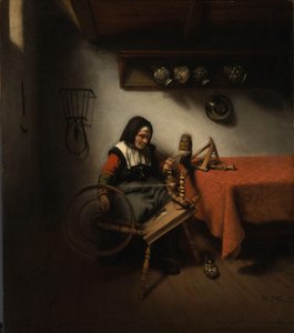 Oude vrouw aan het spinnen