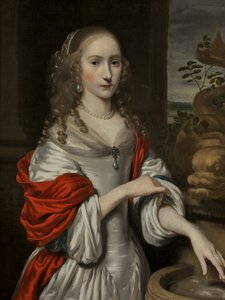 Portret van een jong meisje, staand bij een fontein door Nicolaes Maes