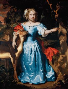 Portret van een Meisje, Volledig, als Granida, in een Blauwe Zijde Jurk en Rode Mantel, haar Linkerhand Water Vangend in een Schelp van een Bron, haar Rechterhand Rond een Hert door Nicolaes Maes