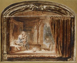De Heilige Familie met Jozef die hout hakt door Nicolaes Maes