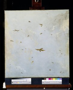Poppenhuis plafondschildering van een bewolkte hemel met vogels door Nicolaes Piemont (attributed to)