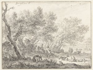 Herders en vee bij een groep bomen door Nicolaes Pietersz Berchem