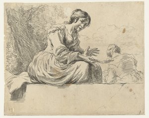 Jonge vrouw zittend op een steen door Nicolaes Pietersz Berchem