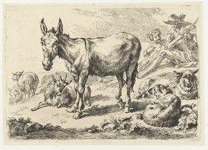 Landschap met ezel, schapen, geit en herders door Nicolaes Pietersz Berchem