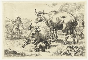 Liggende en een pissende koe door Nicolaes Pietersz Berchem
