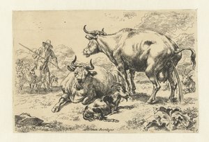 Liggende en een pissende koe door Nicolaes Pietersz Berchem