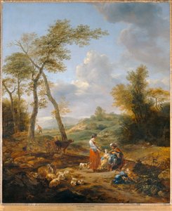 Landschap met Elkana en zijn twee vrouwen Anna en Pennina ... door Nicolaes Pietersz. Berchem