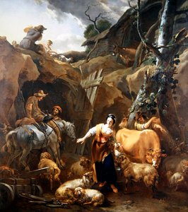 Boeren in een Rotsachtig Landschap buiten een Mijn door Nicolaes Pietersz. Berchem
