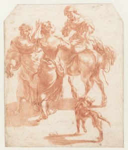 Twee lopende vrouwen en een vrouw op een ezel door Nicolaes Pietersz Berchem