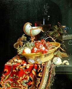 Een stilleven van fruit in een mand en een nautilusbeker door Nicolaes Van Gelder