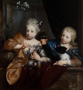 Een jonge jongen en meisje in een architectonische setting door Nicolaes Verkolje