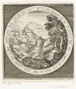 Derde dag van schepping: God schept land en zaadvormende planten en bomen met vruchten die zaden dragen door Nicolaes de Bruyn
