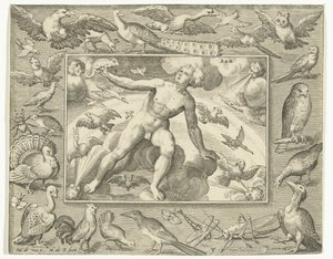 Element lucht als jonge man op wolken tussen vliegende vogels
