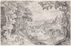 Landschap met hertenjacht door Nicolaes de Bruyn
