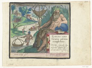 Titelprent met titel en riviergod met drietand en visnet in landschap met vissers