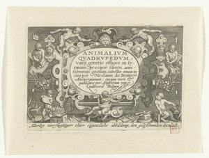 Titelprent met titel in cartouche met daaromheen apen aan het werk als goudsmid door Nicolaes de Bruyn