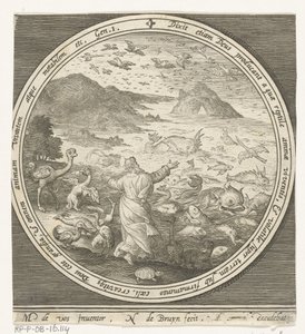 Vijfde dag van schepping: God schept vissen en vogels door Nicolaes de Bruyn